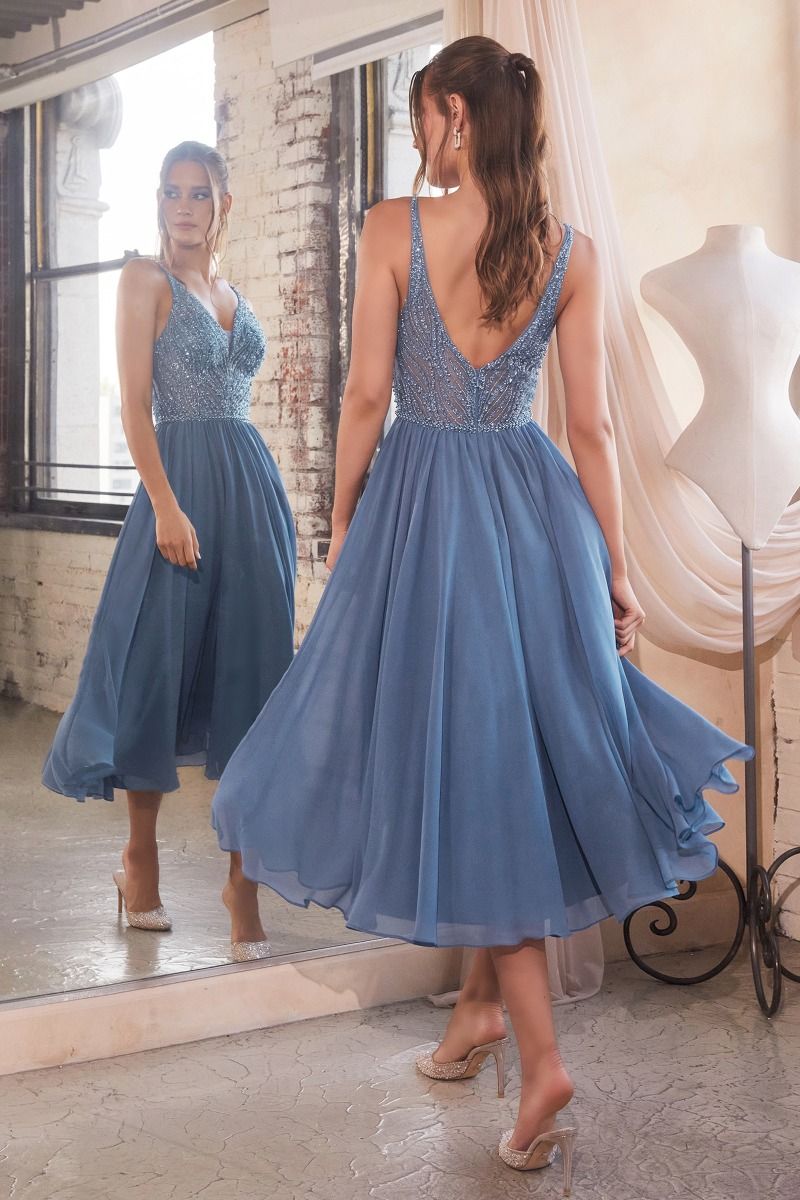 Cocktail Dresses Beaded A Line Tea Length Cocktail Dress Smoky Blue