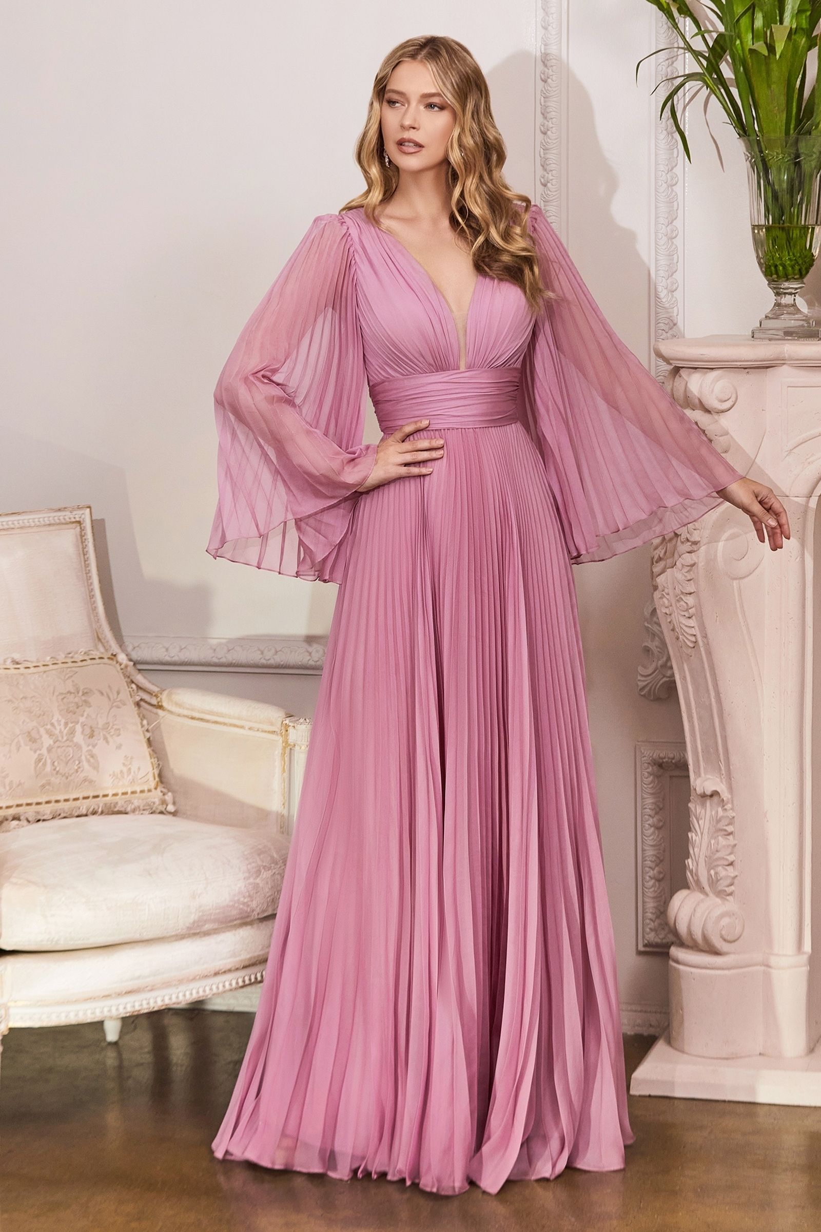 LaDivine CD242 Long Sleeve Pleated Evening Dress