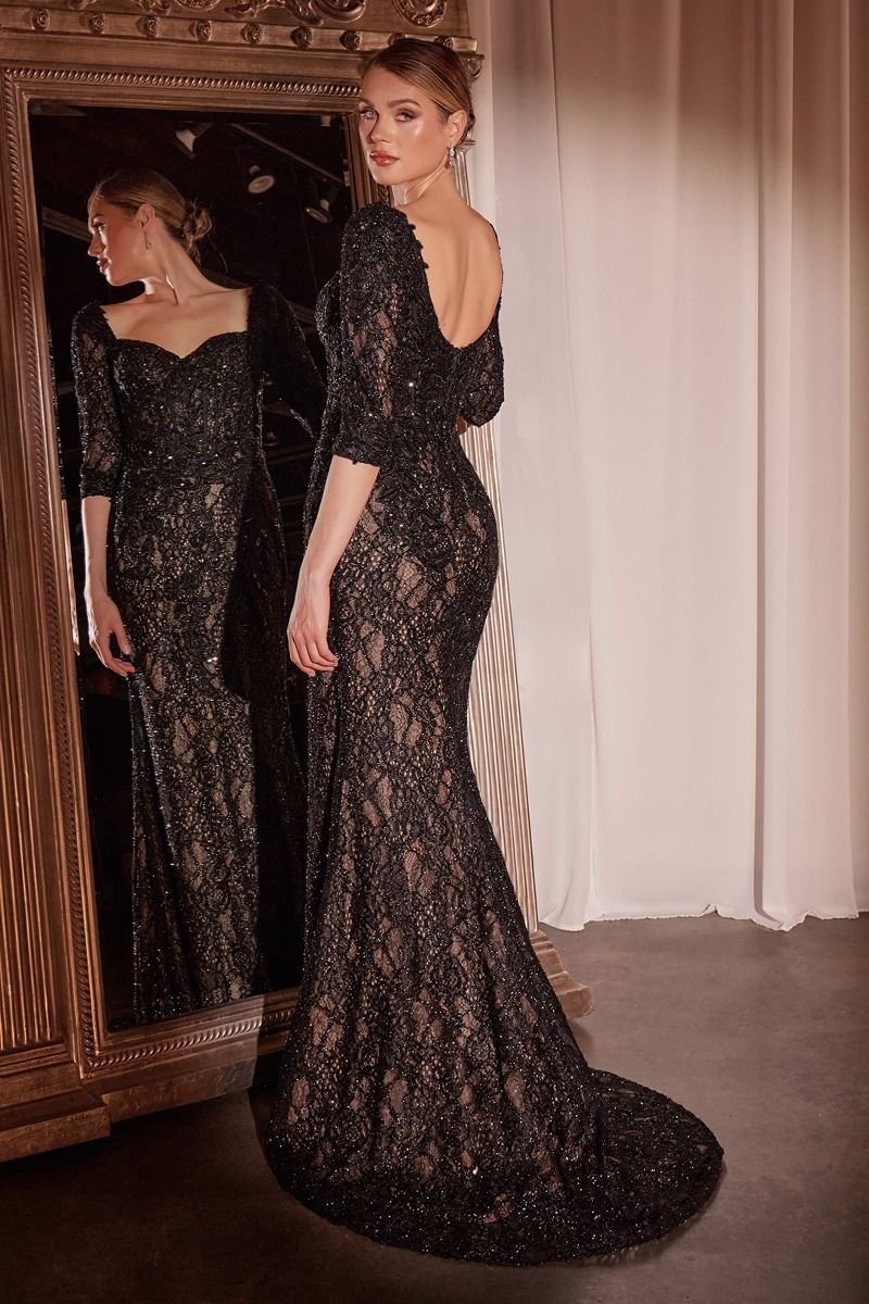 Formal Dresses Fitted Long Formal Applique Overskirt Evening Dress Black Nude