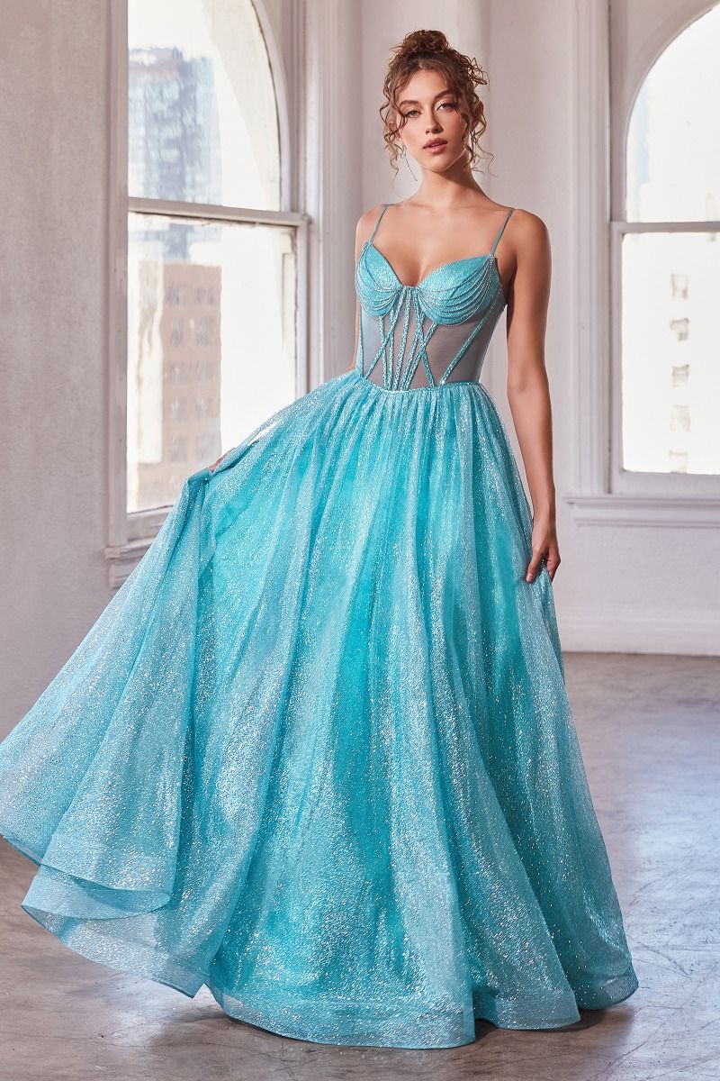 Prom Dresses Glitter Ball Gown Long Corset Prom Gown Aqua Blue