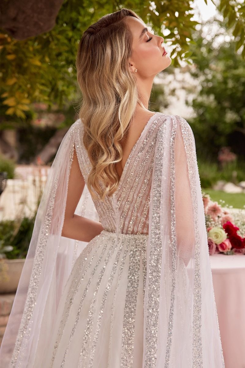 Wedding Dresses A Line Bridal Gown Long Sequin Cape Wedding Dress Off White