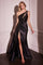 Formal Dresses Long One Shoulder Satin Beaded Lace Trim Dress Black