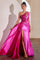 Formal Dresses Long One Shoulder Satin Beaded Lace Trim Dress Fuchsia