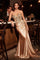 Prom Dresses Long Fitted Applique Formal Slit Prom Dress Champagne Gold