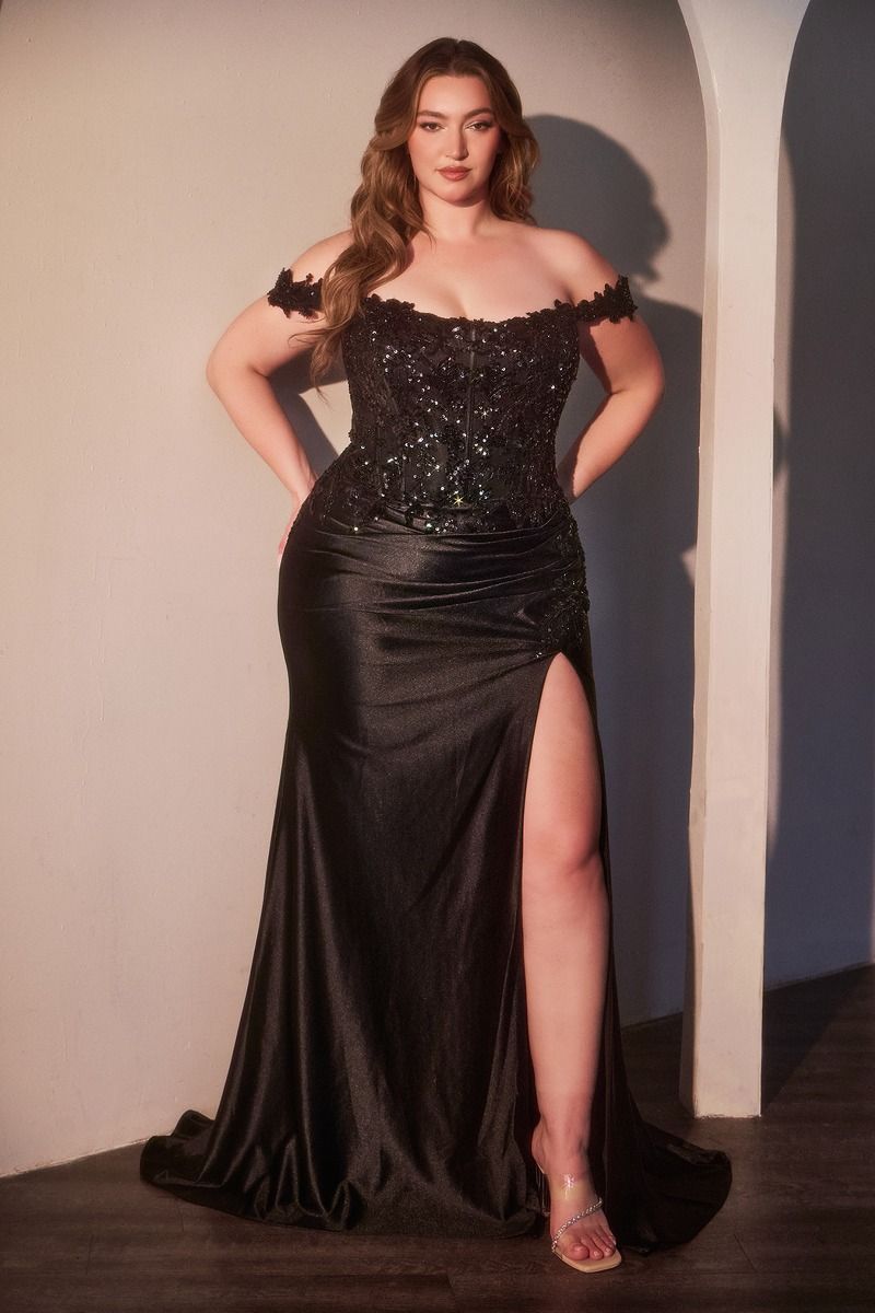 Plus Size Dresses Fitted Plus Size Long Formal Beaded Prom Dress Black