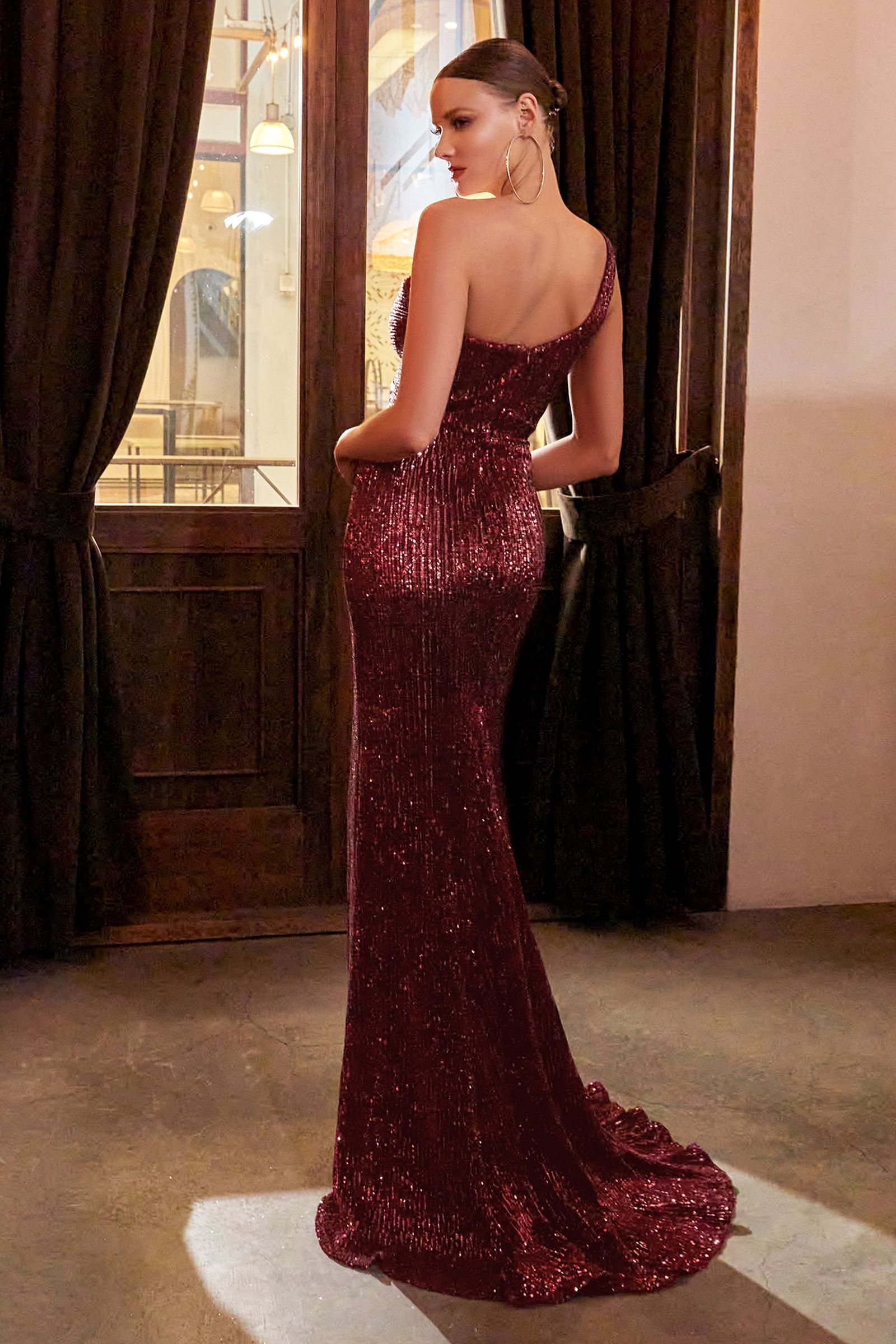 LaDivine CH182 One Shoulder Sequin Long Prom Dress