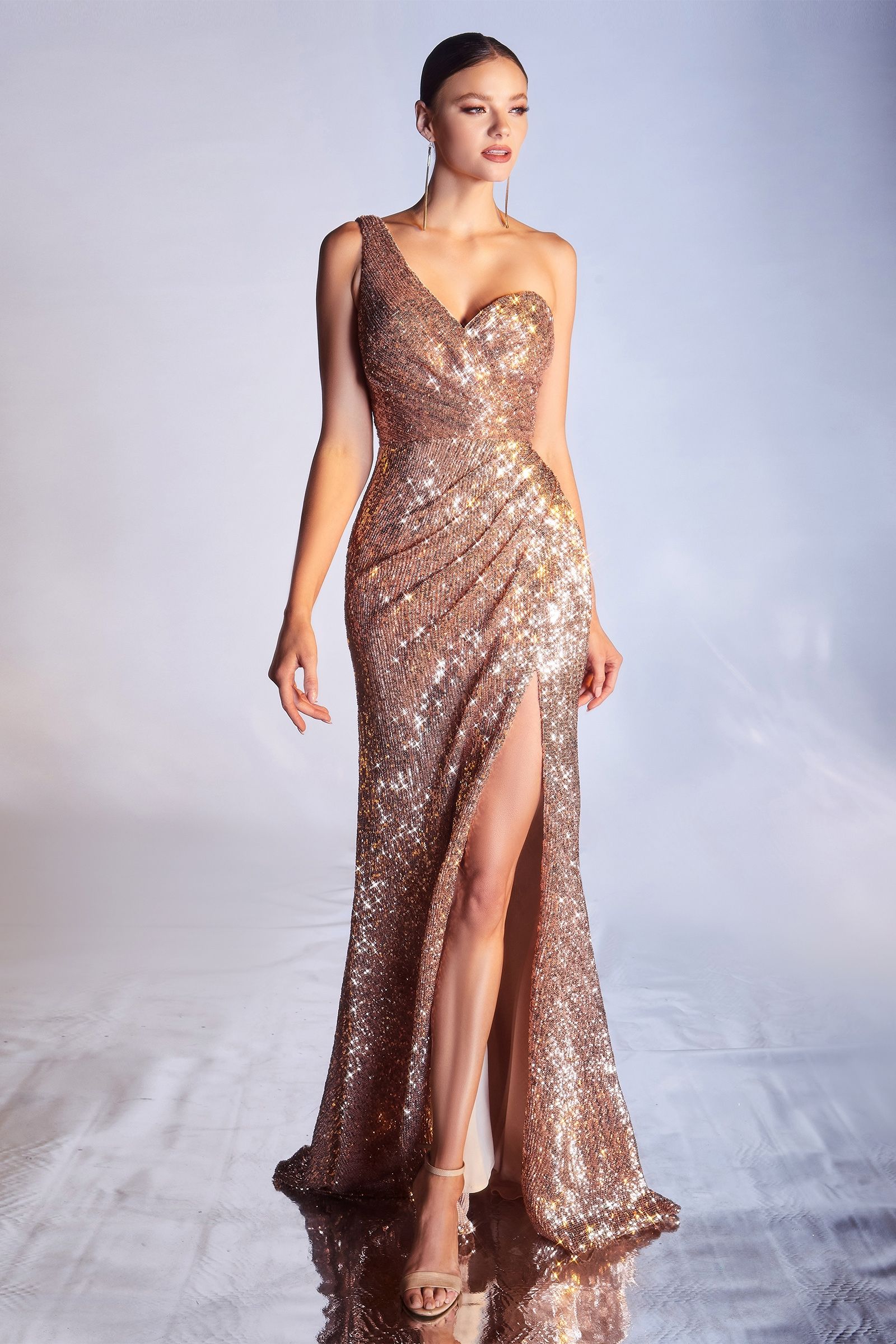 LaDivine CH182 One Shoulder Sequin Long Prom Dress