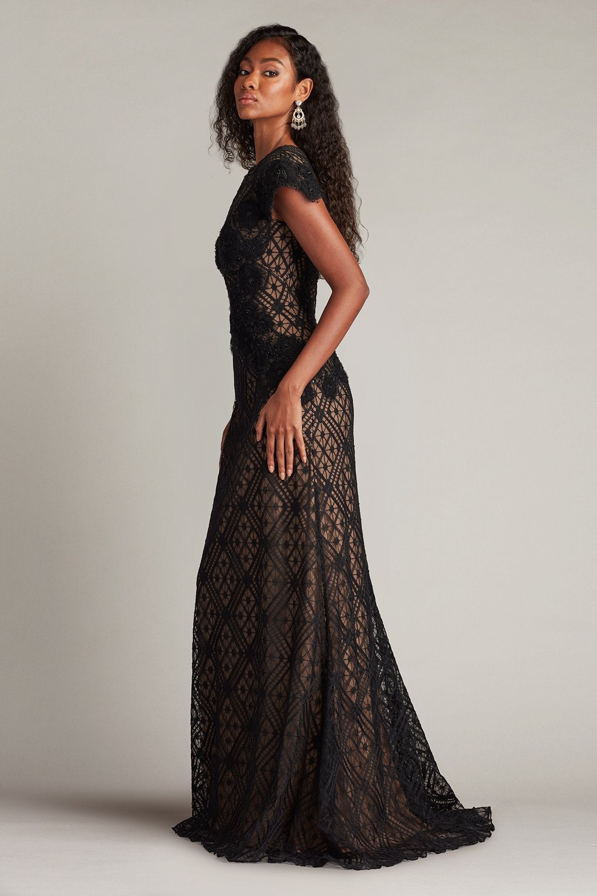 Formal Dresses Long Ruffle Formal Cap Sleeve Dress Black Nude