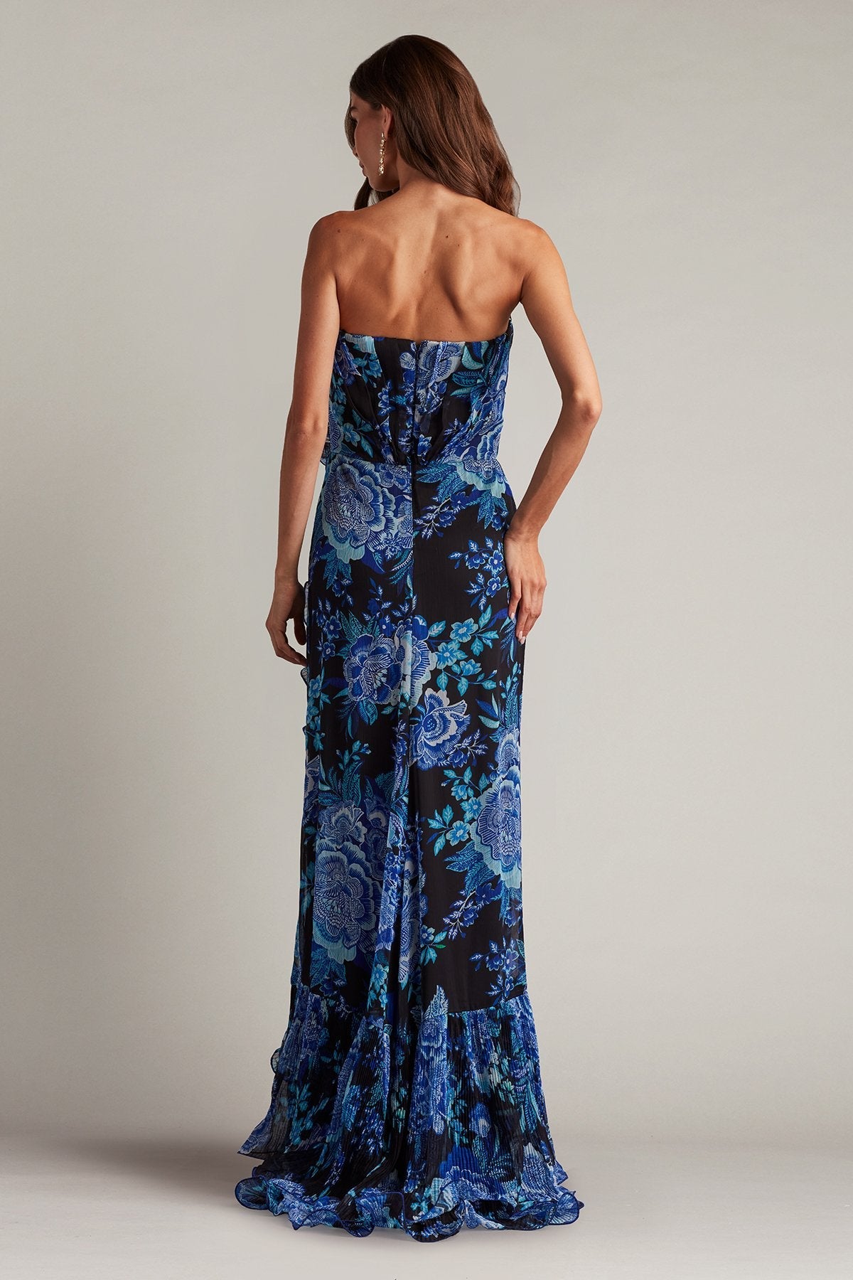 Prom Dresses Floral Printed Formal Long Slit Prom Pleated Ruffle Dress Black Blue Floral