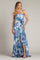 Prom Dresses Floral Printed Formal Long Slit Prom Pleated Ruffle Dress White Blue Floral