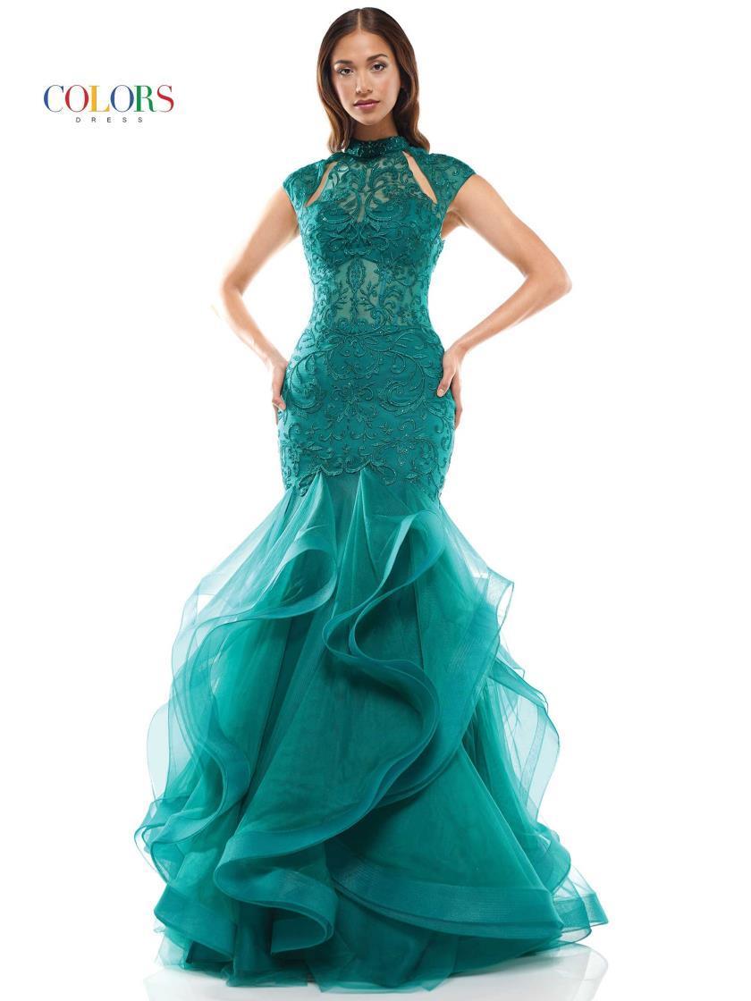 Colors Long Cap Sleeve Formal Mermaid Prom Gown Sale - The Dress Outlet