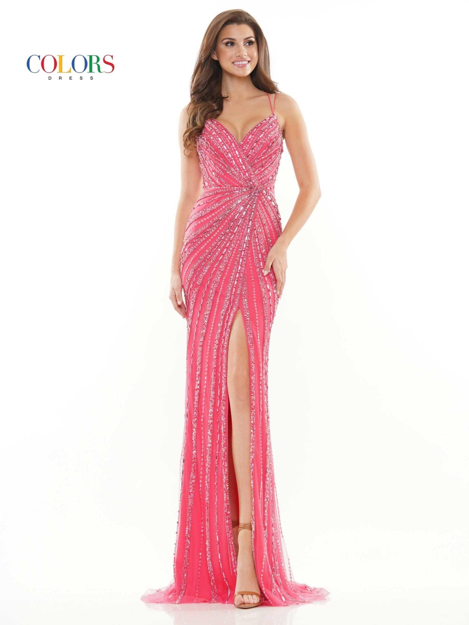 Colors Long Formal Beaded Mesh Prom Dress 2685 - The Dress Outlet