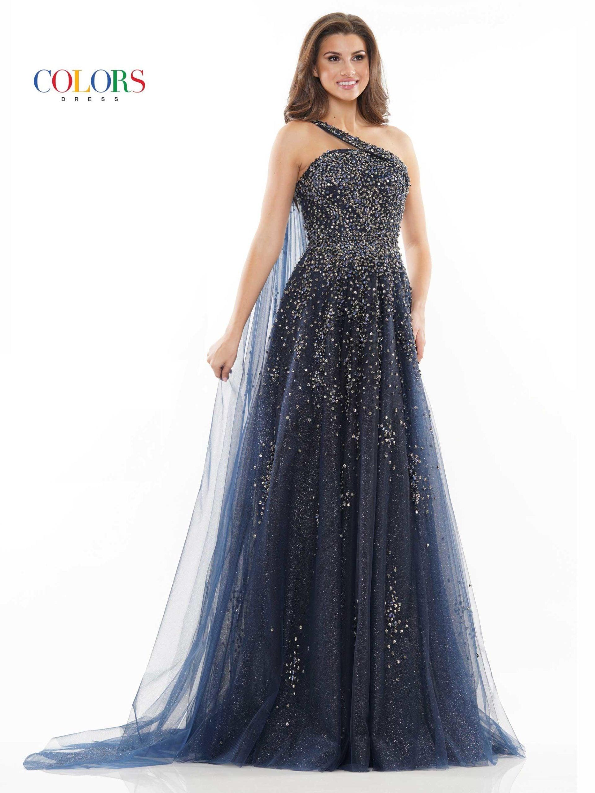 Colors Long One Shoulder Beaded Prom Dress 2731 - The Dress Outlet