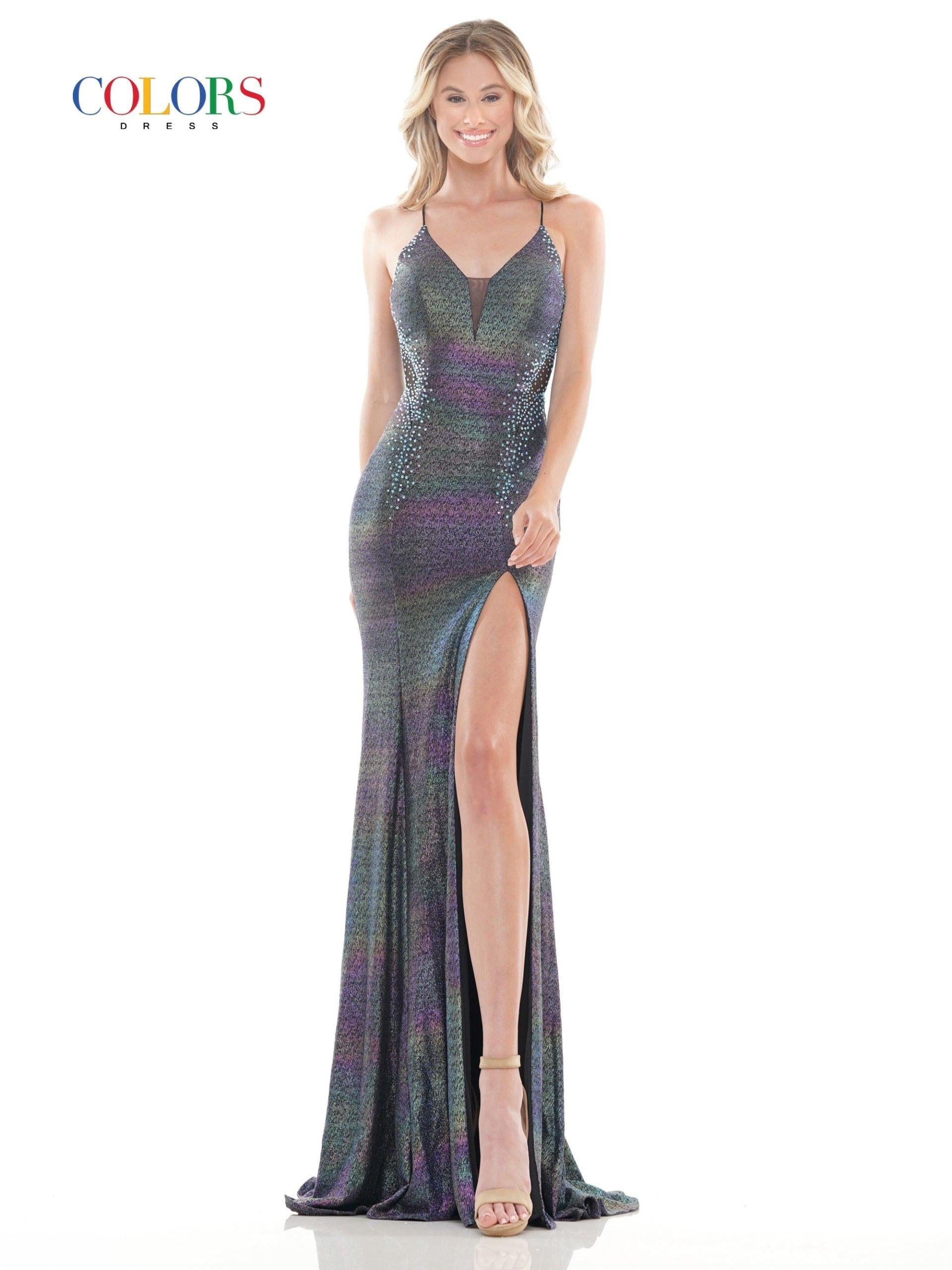 Colors Long Spaghetti Strap Metallic Prom Gown 2669 - The Dress Outlet