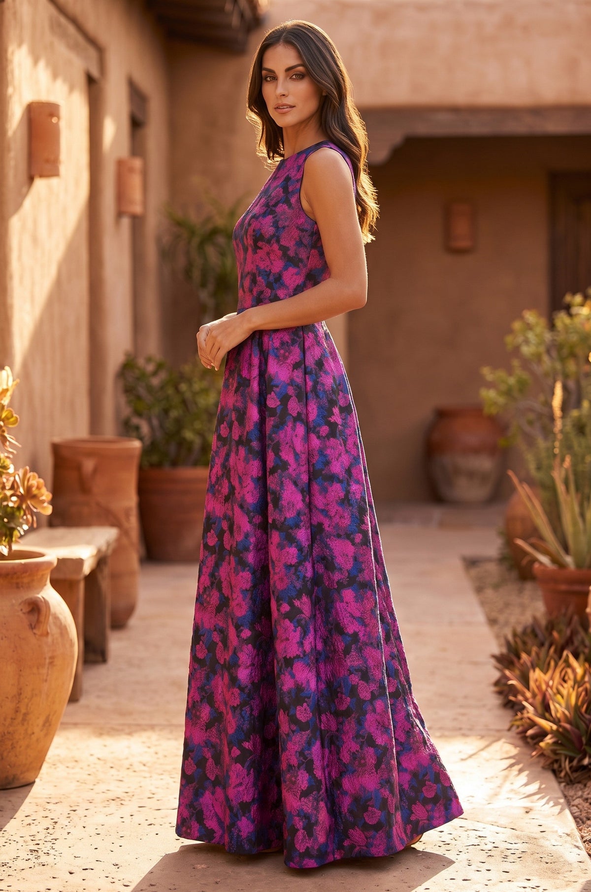 Formal Printed Floral Patterned Evening Dress – Magenta