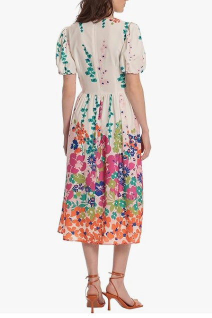 Cocktail Dresses Floral Print Puff Sleeve Cocktail Midi Dress Ivory Hot Pink