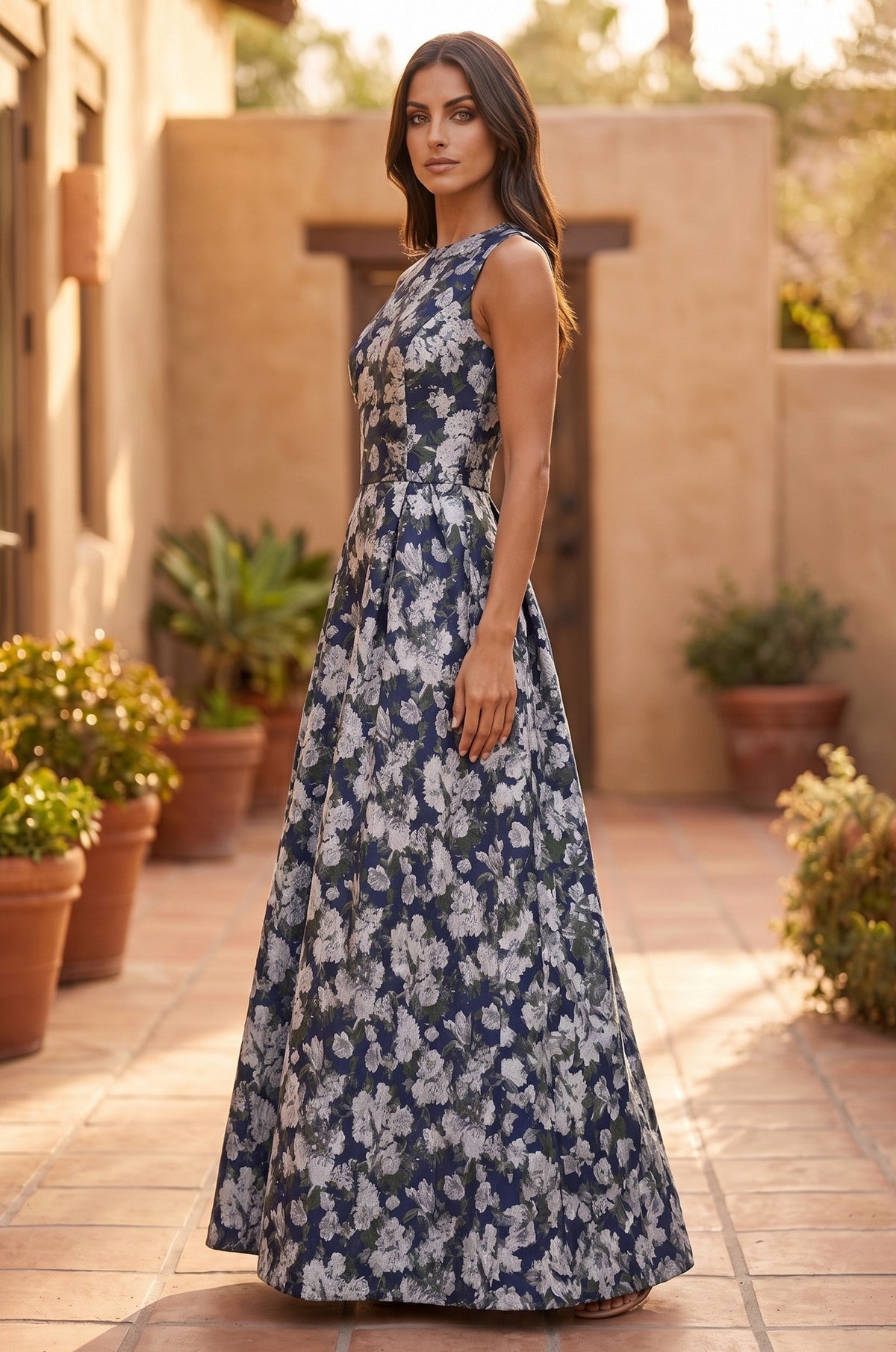 Formal Printed Floral Patterned Evening Dress – Navy