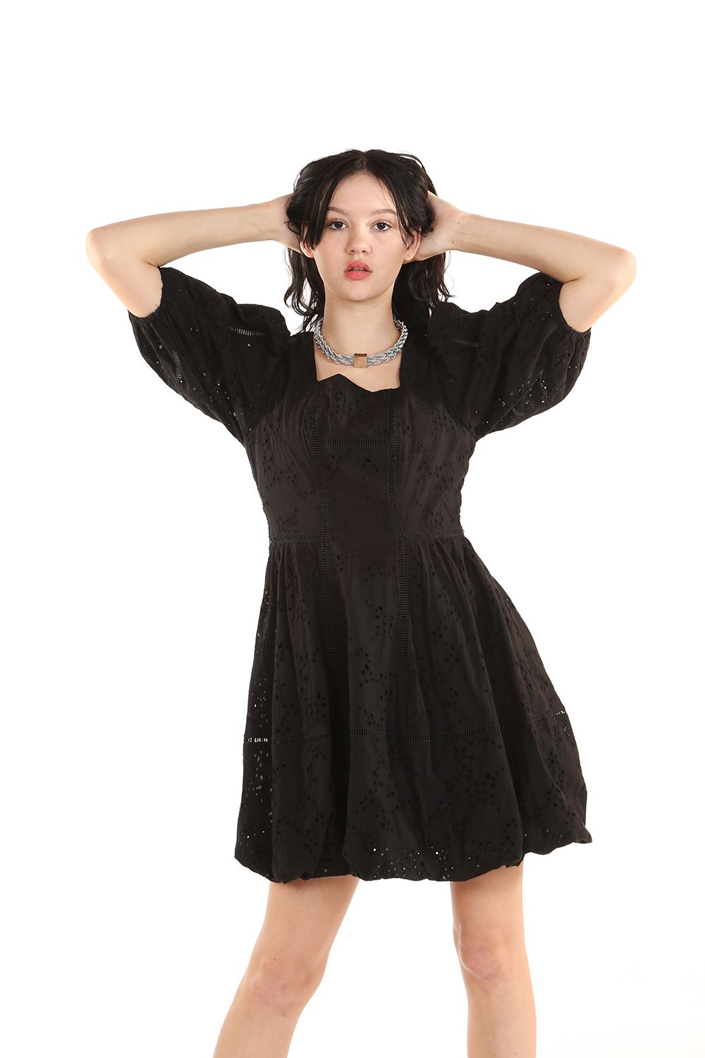 Cocktail Dresses Short Puff Shoulder Pattern Dress  Black