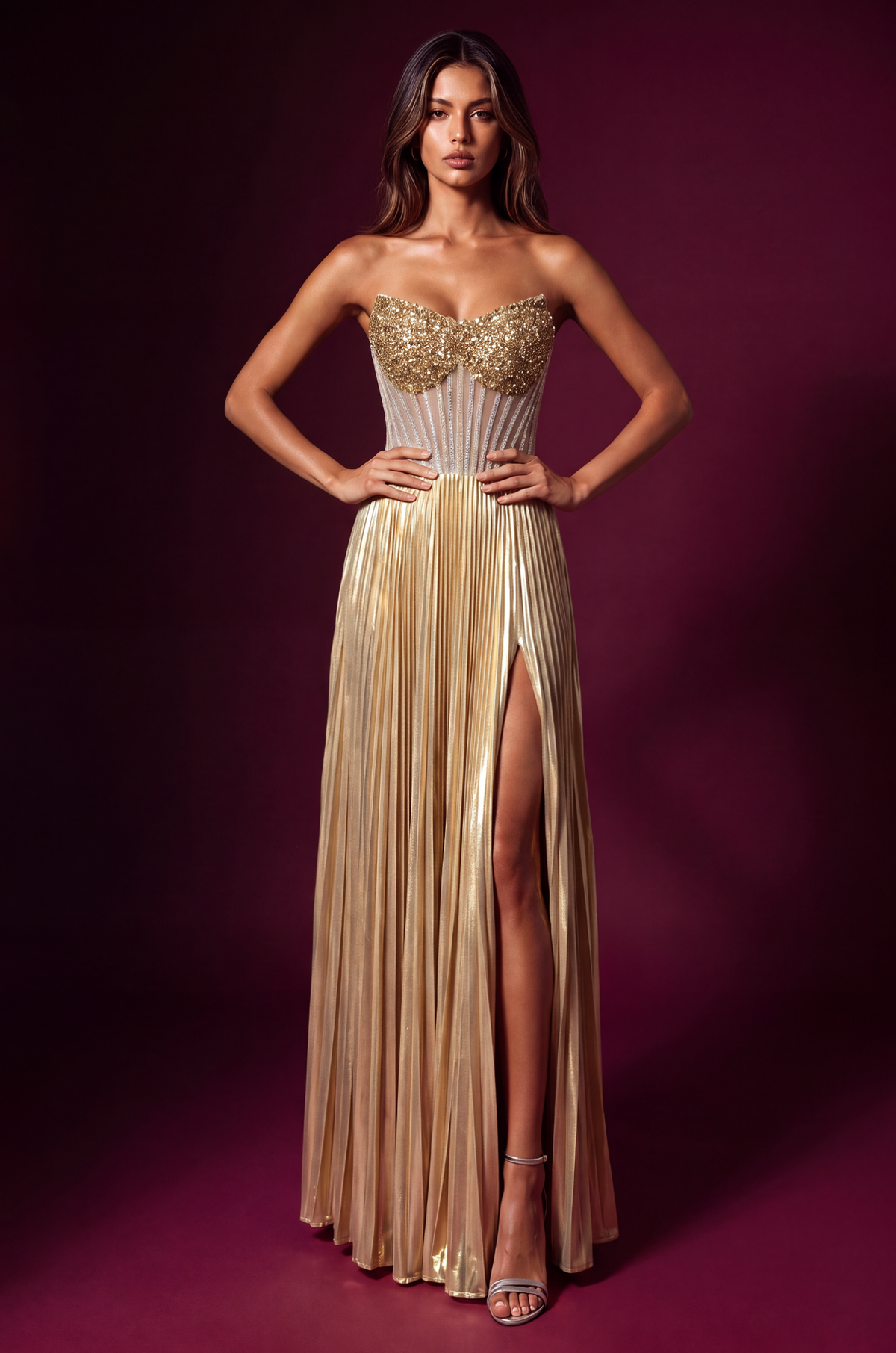 Strapless Beaded Bust Pleated Corset Formal Dress – Black