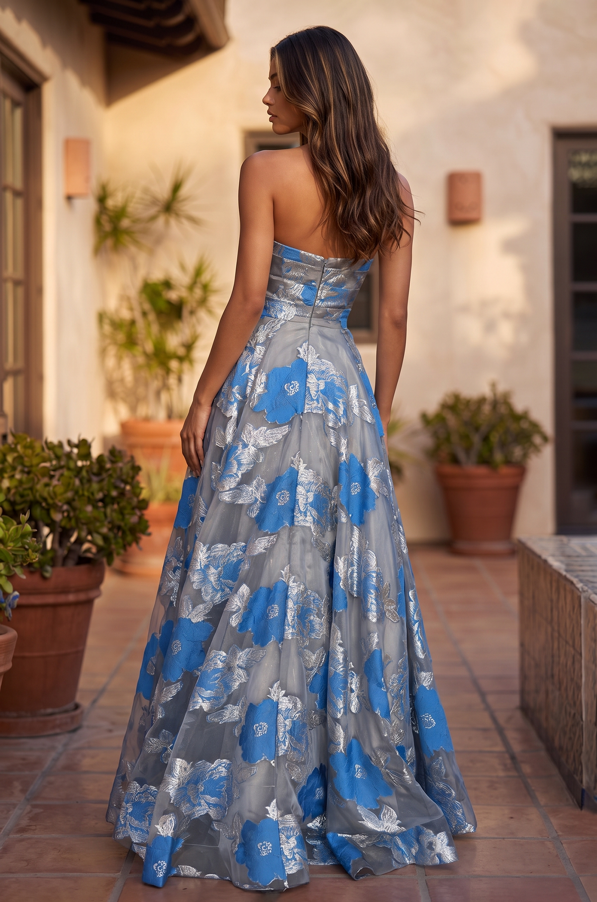 Prom Printed Floral Jacquard Formal Evening Dress – Blue
