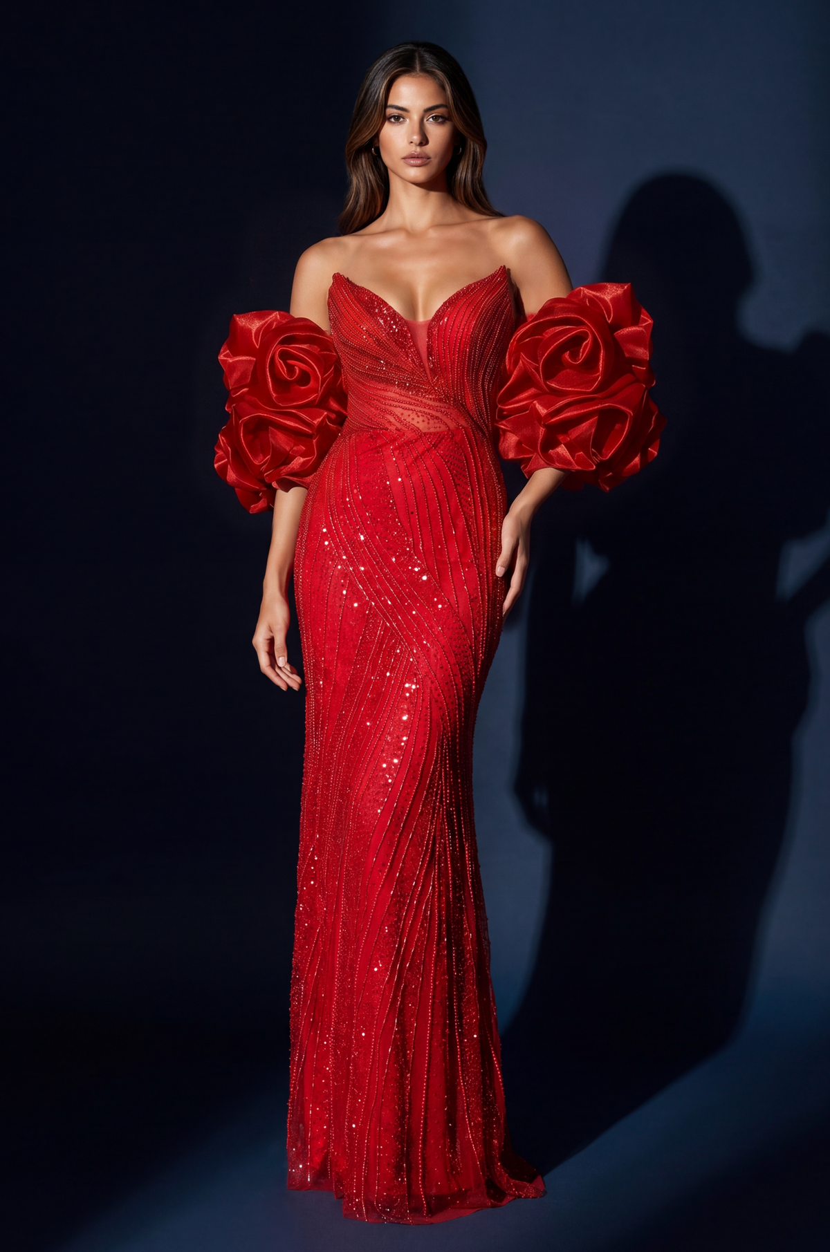 Formal Beaded Sequined Puff Sleeve Evening Gown – Red