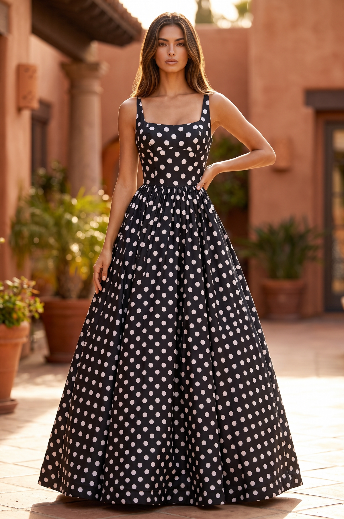 Square Neck Polka Dot Full Skirt Formal Gown – Black