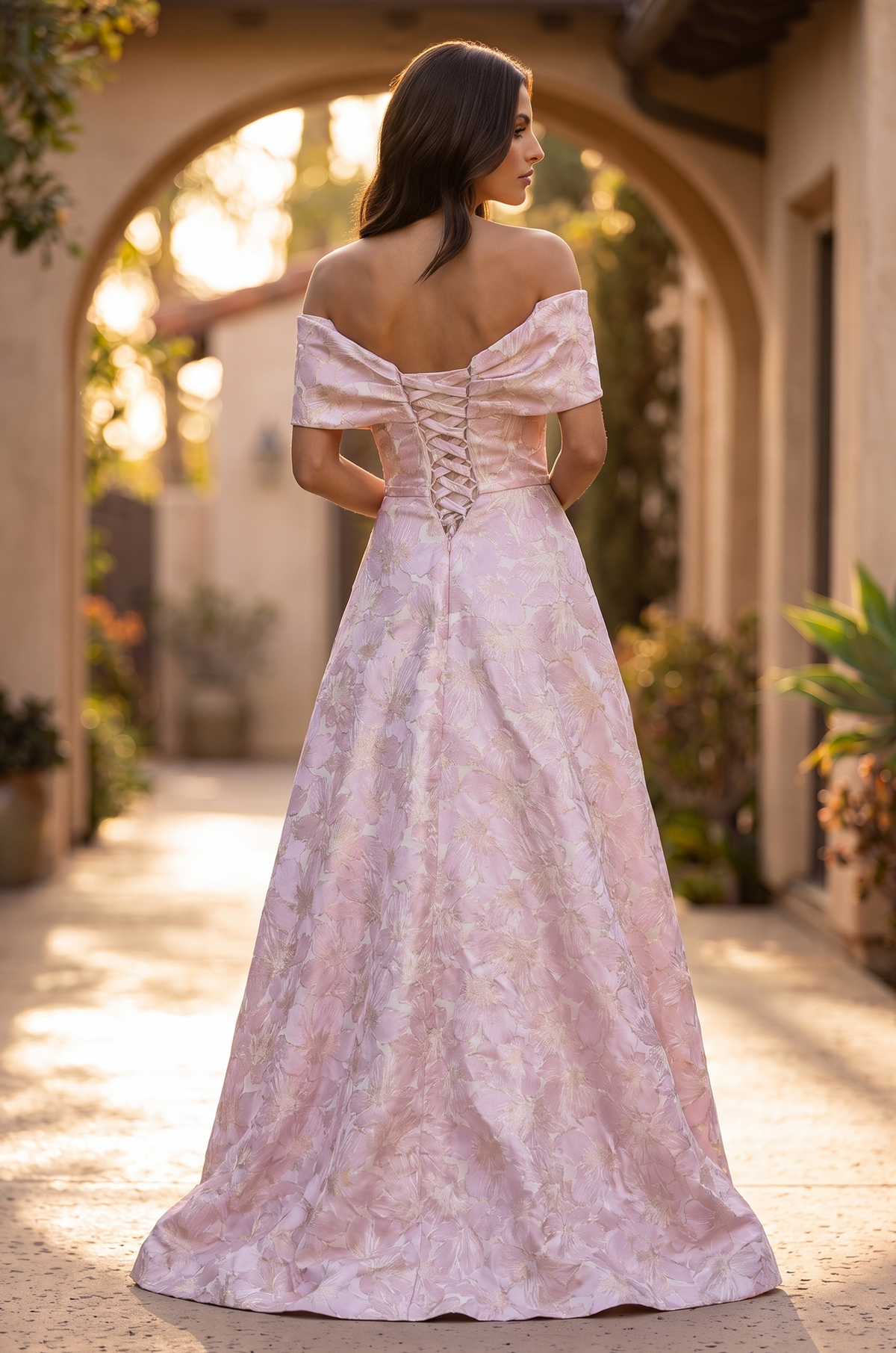 Long Formal Dress Pleated Jacquard Ball Gown – Pink