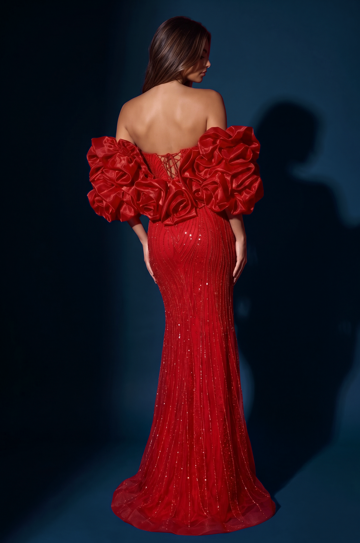 Formal Beaded Sequined Puff Sleeve Evening Gown – Red