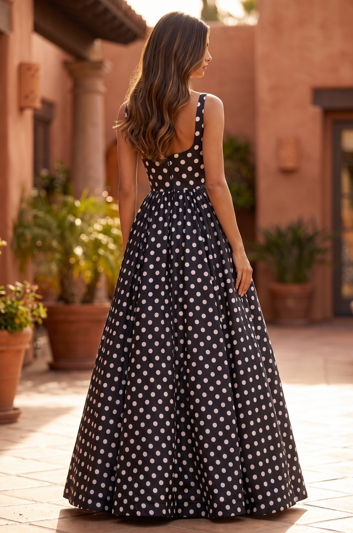Square Neck Polka Dot Full Skirt Formal Gown – Black