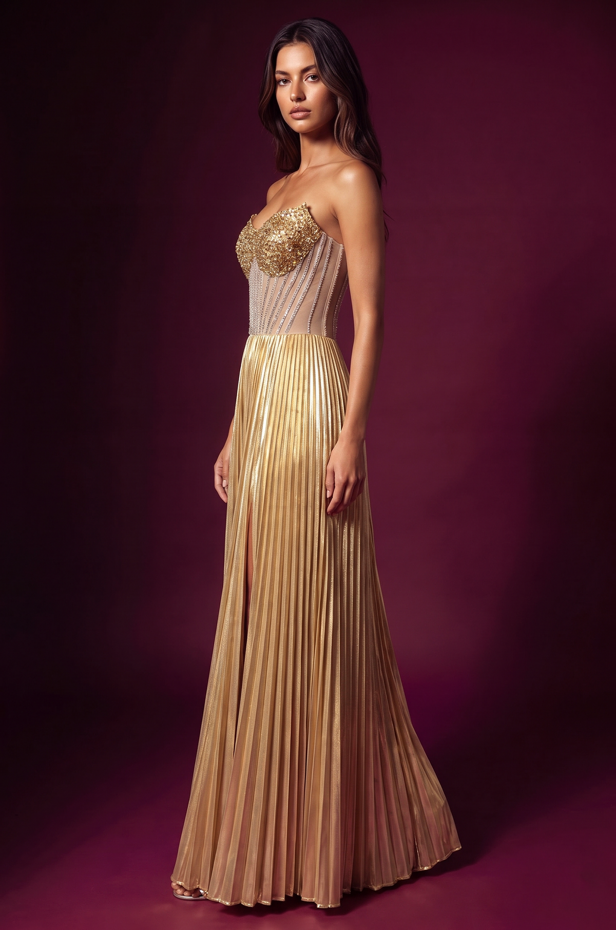 Strapless Beaded Bust Pleated Corset Formal Dress – Black
