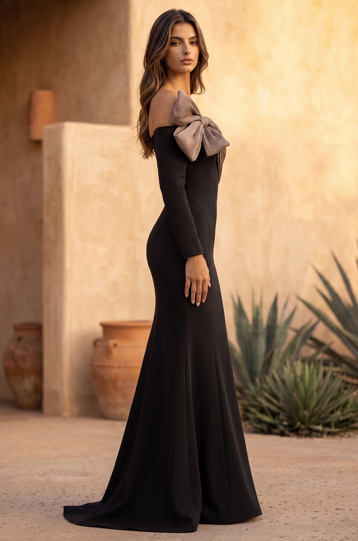 Off-The-Shoulder Bow Mermaid Gown – Black/Brown