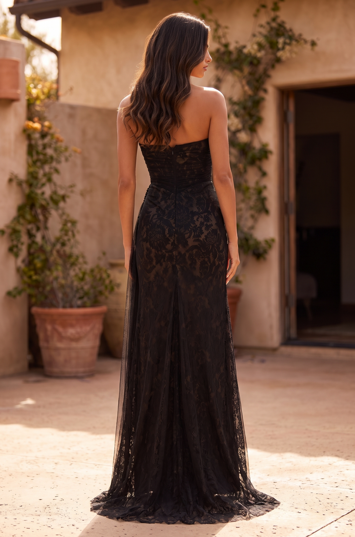 Lace Formal Fitted Evening Gown – Black/Nude