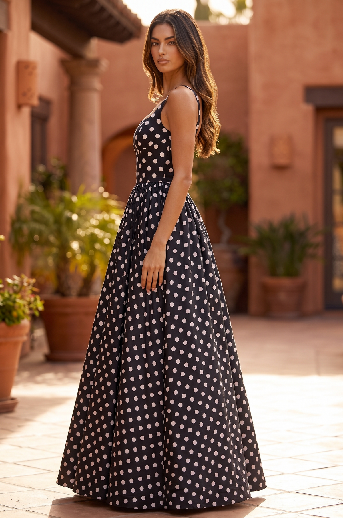 Square Neck Polka Dot Full Skirt Formal Gown – Black
