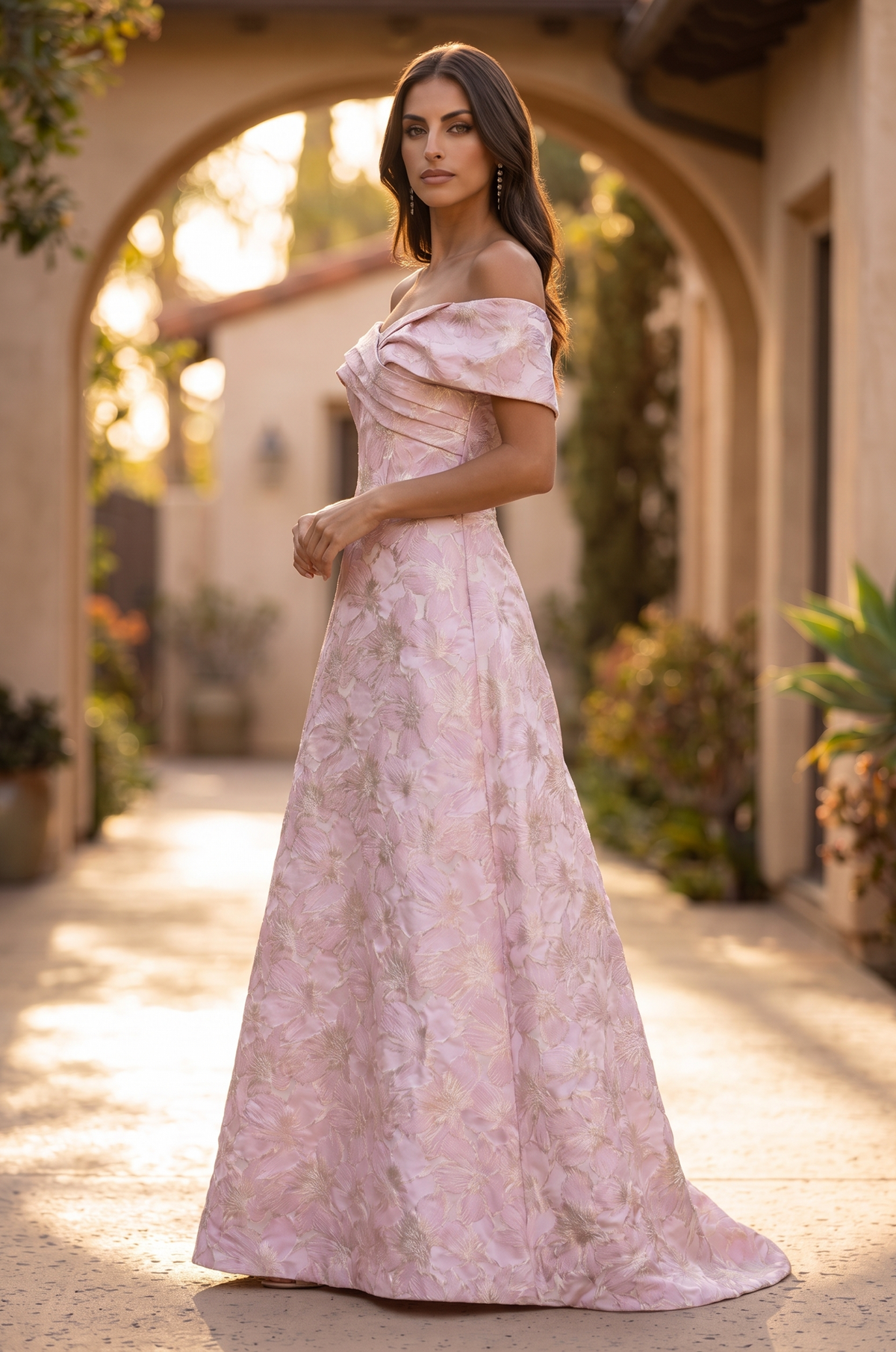 Long Formal Dress Pleated Jacquard Ball Gown – Pink