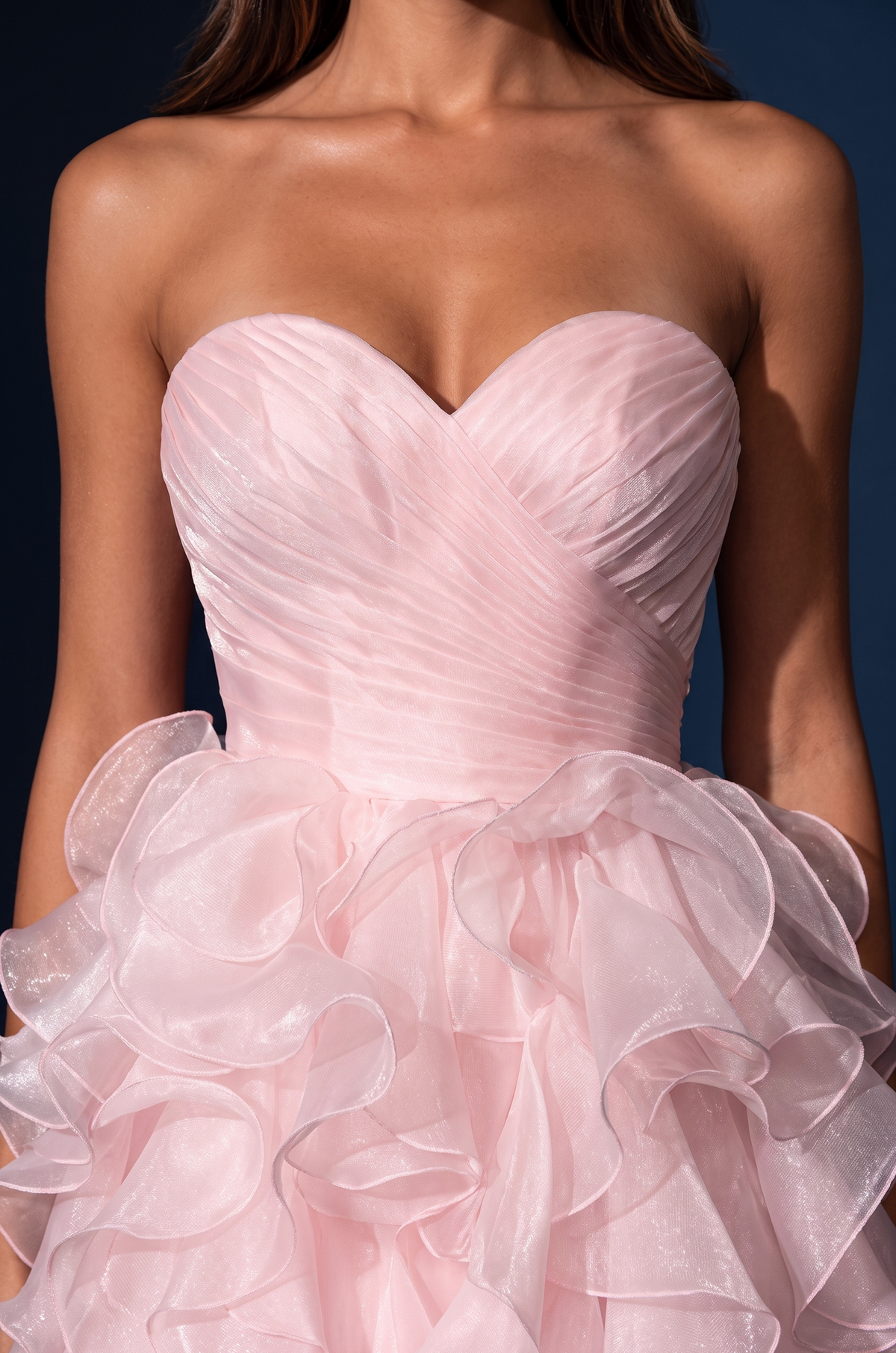 Prom Strapless Sweetheart Ruffled Organza Ball Gown – Pink