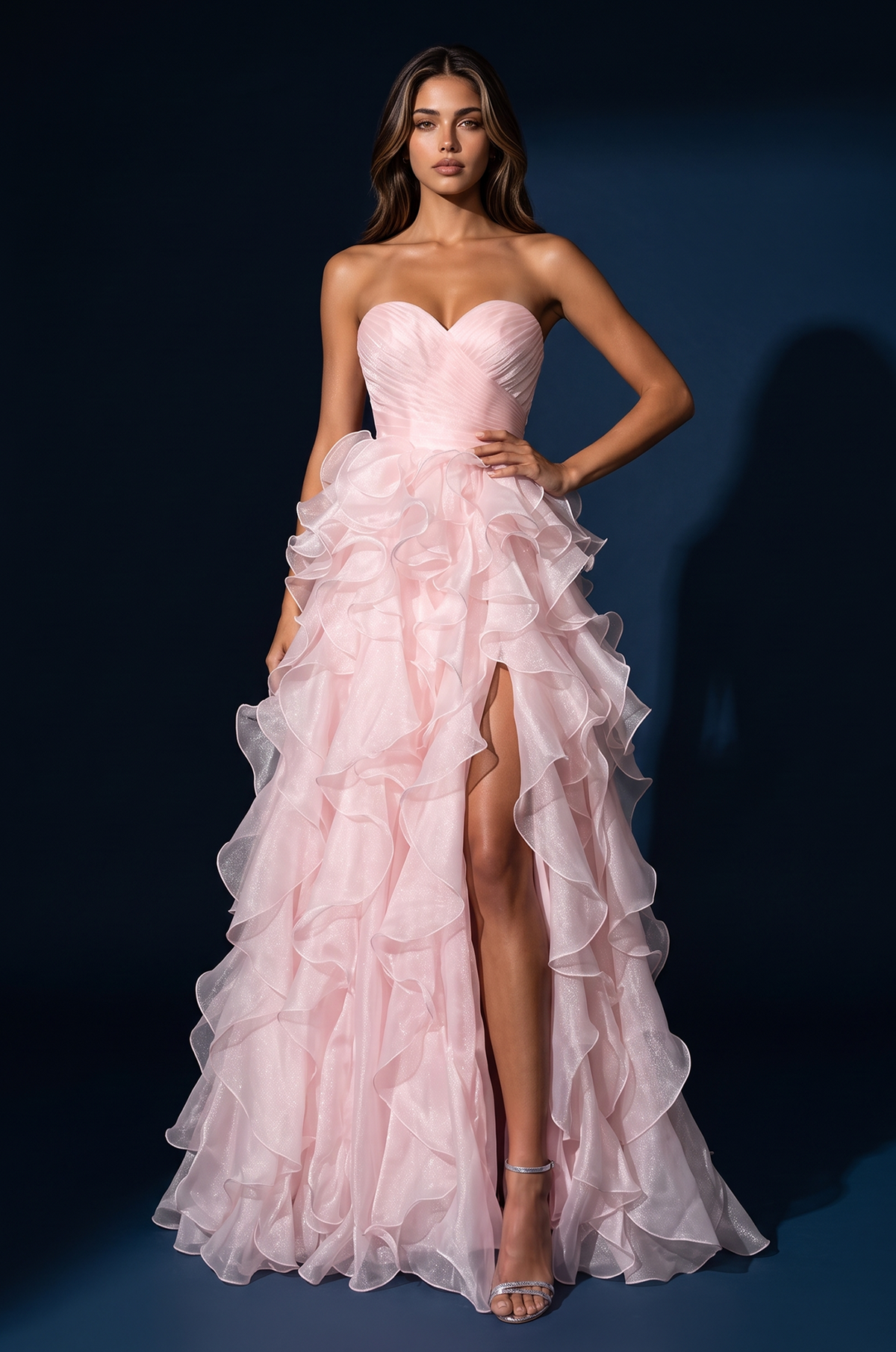 Prom Strapless Sweetheart Ruffled Organza Ball Gown – Pink
