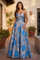Prom Printed Floral Jacquard Formal Evening Dress – Blue