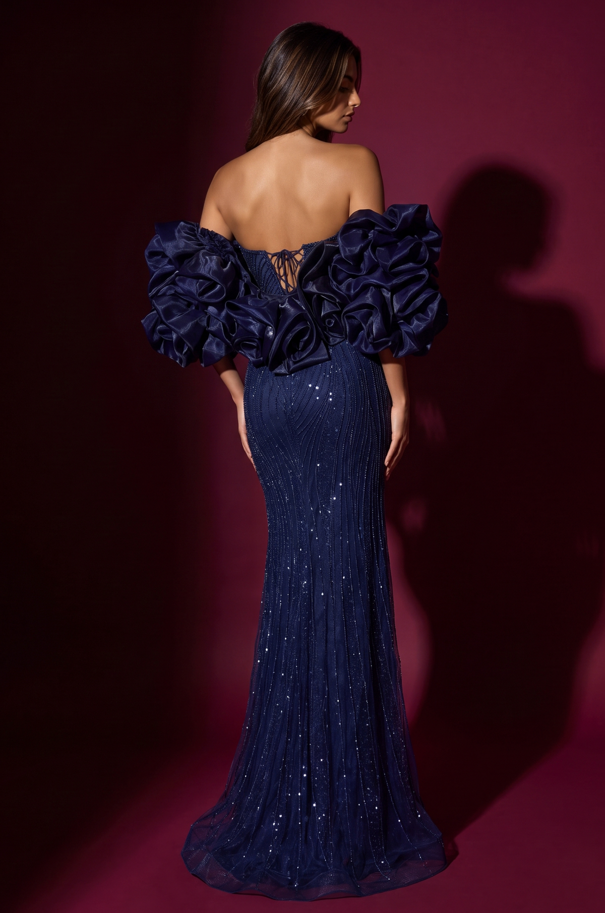 Formal Beaded Sequined Puff Sleeve Evening Gown – Navy