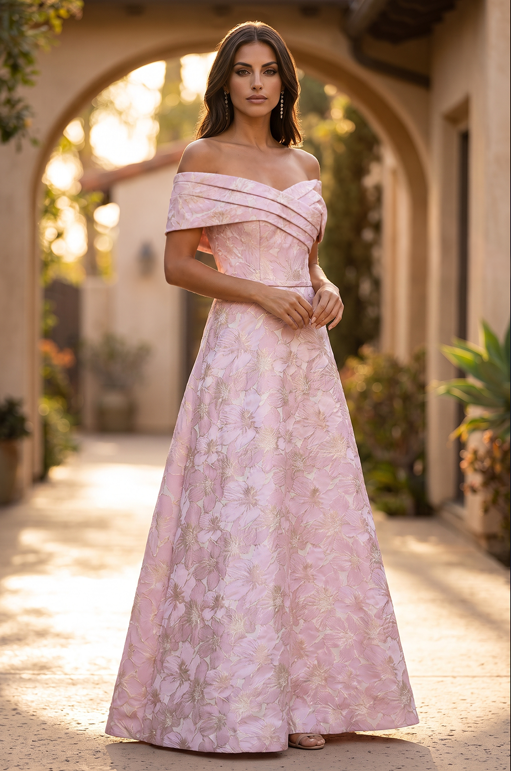 Long Formal Dress Pleated Jacquard Ball Gown – Pink