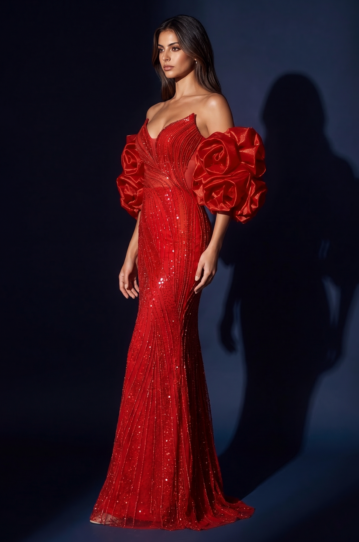 Formal Beaded Sequined Puff Sleeve Evening Gown – Red