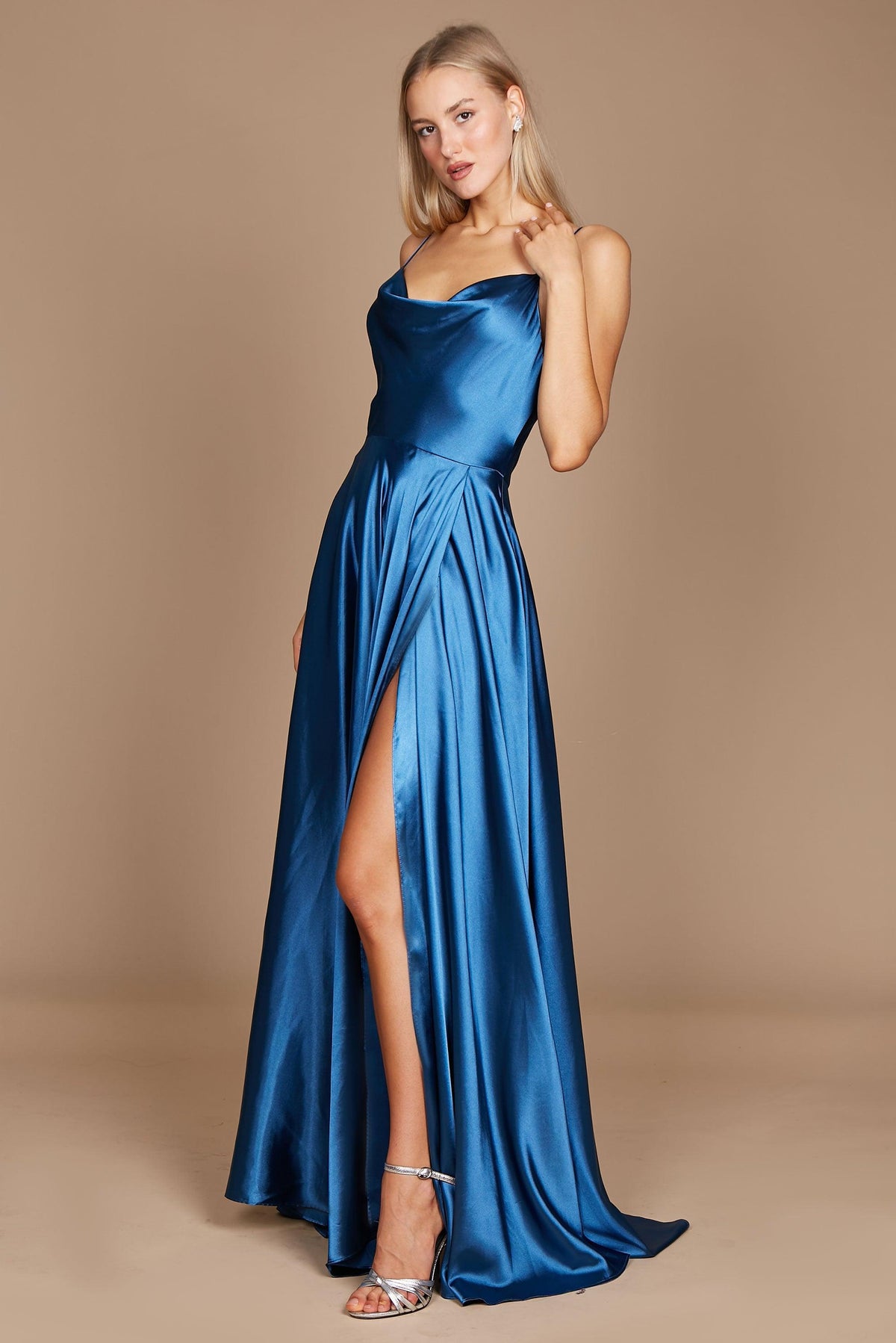 Formal Cowl Neck Spaghetti Strap Party Dress – Burgundy