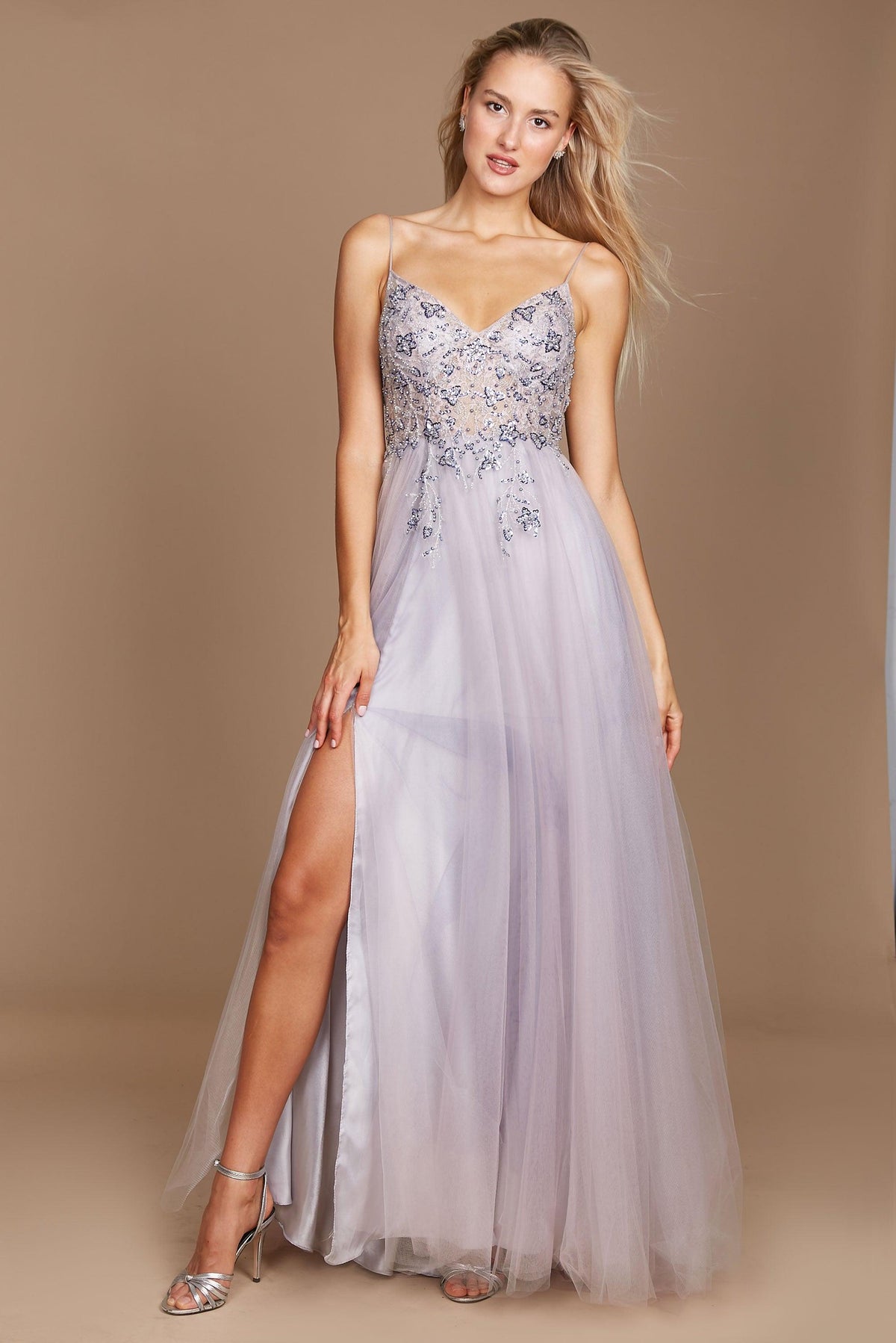 Long Jeweled Hand Beaded Tulle Prom Dress – Multi Gray