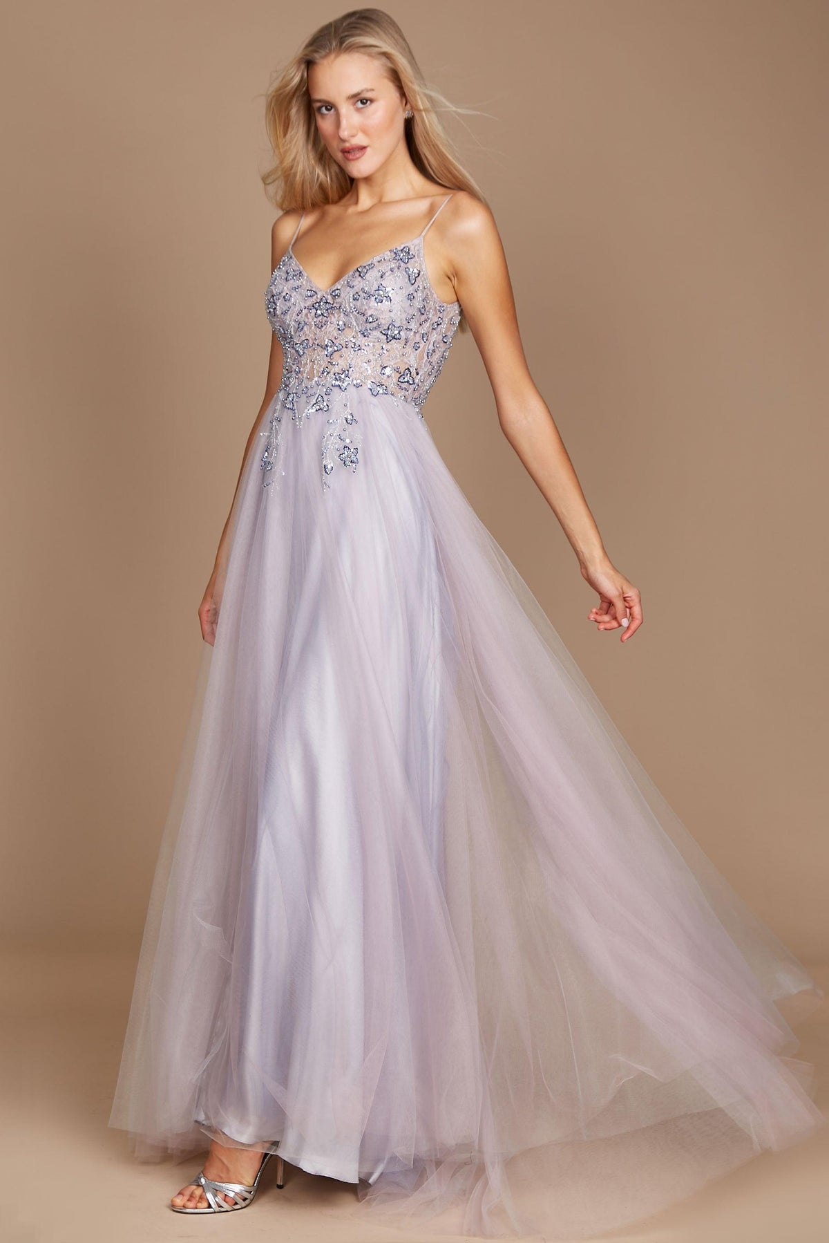 Long Jeweled Hand Beaded Tulle Prom Dress – Multi Gray