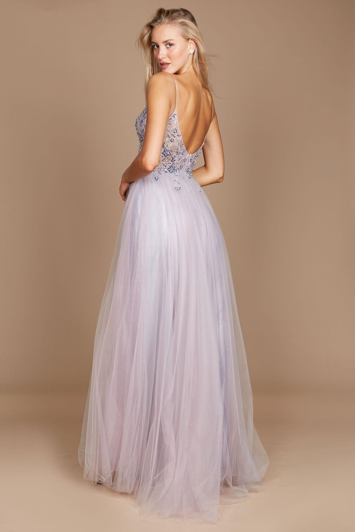Long Jeweled Hand Beaded Tulle Prom Dress – Multi Gray