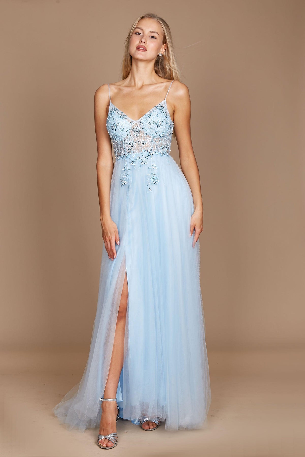 Long Jeweled Hand Beaded Tulle Prom Dress – Blue