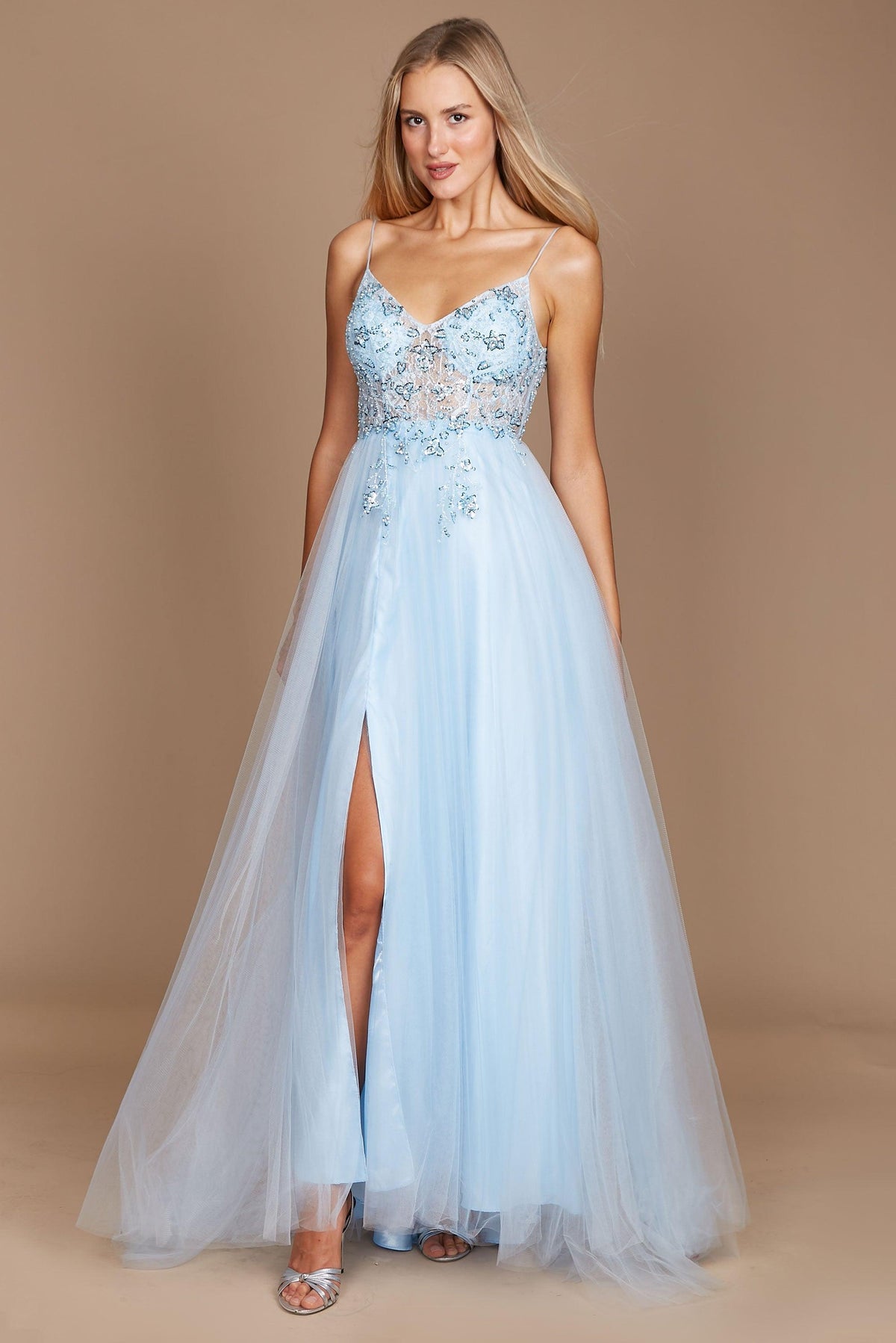 Long Jeweled Hand Beaded Tulle Prom Dress – Multi Gray