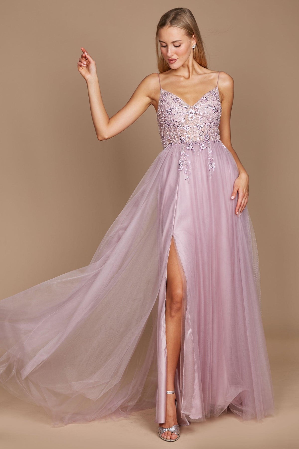 Long Jeweled Hand Beaded Tulle Prom Dress – Multi Pink