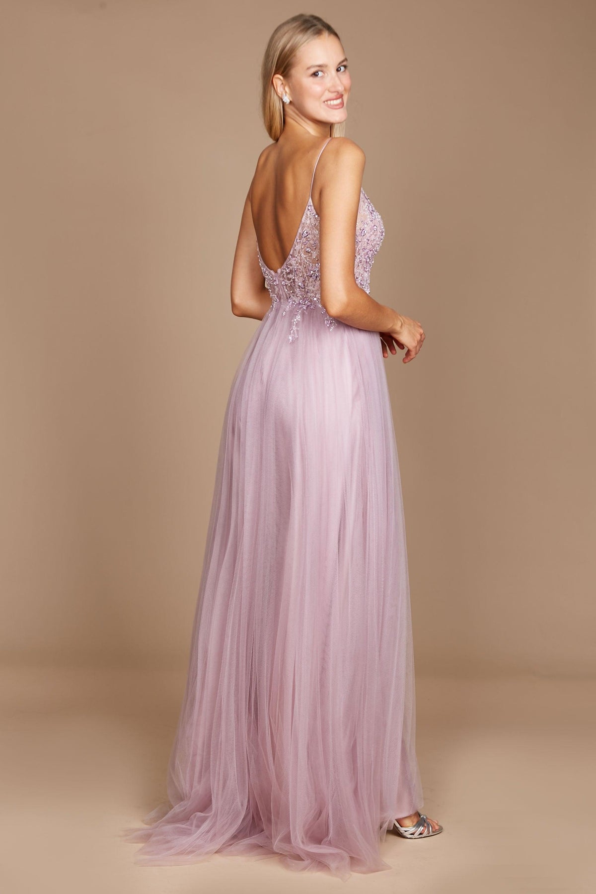 Long Jeweled Hand Beaded Tulle Prom Dress – Multi Pink