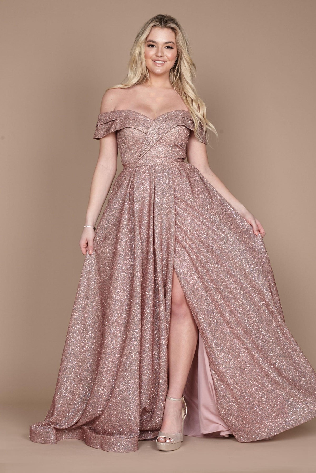 Long Off-the-Shoulder Glitter Prom Dress – Eggplant