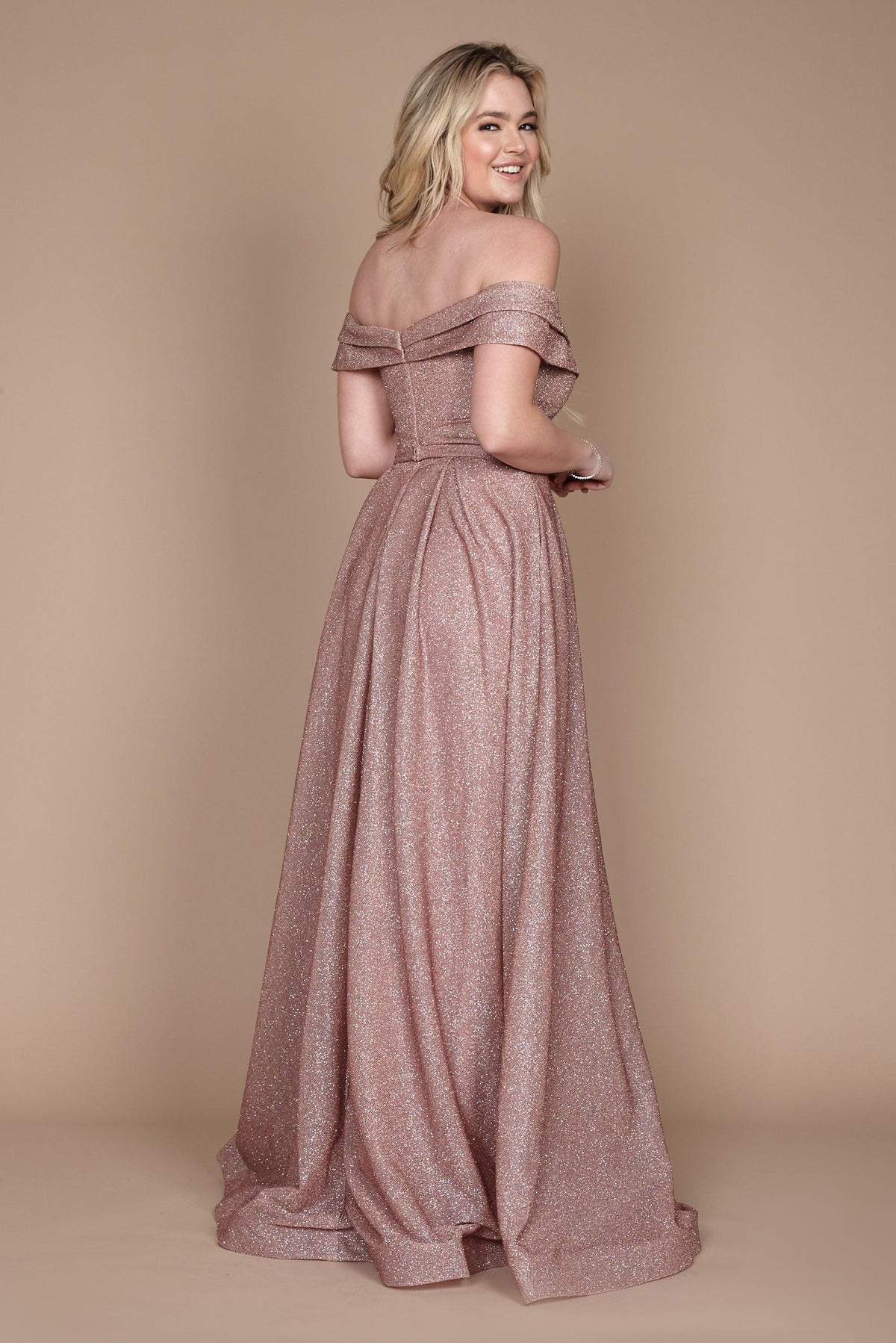 Long Off-the-Shoulder Glitter Prom Dress – Eggplant